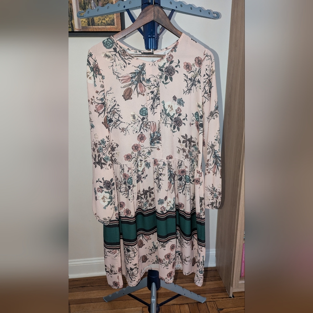 Pink Floral Long-Sleeve Tiered Dress with Green Border